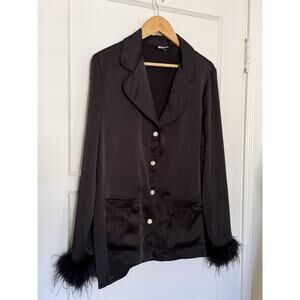 Nadine Merabi Darcie Black Pajama Top With Feather Trim Women's Size Large READ